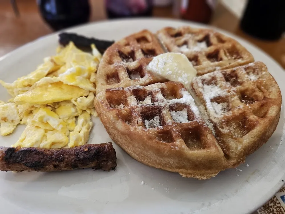 Belgian Waffle with Two Eggs and Two Sausage